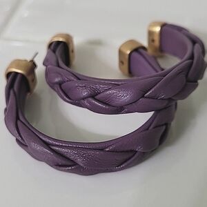 Nwt Zara Leather Collection Hoops Earrings Purple Gold Hardware Braided Woven